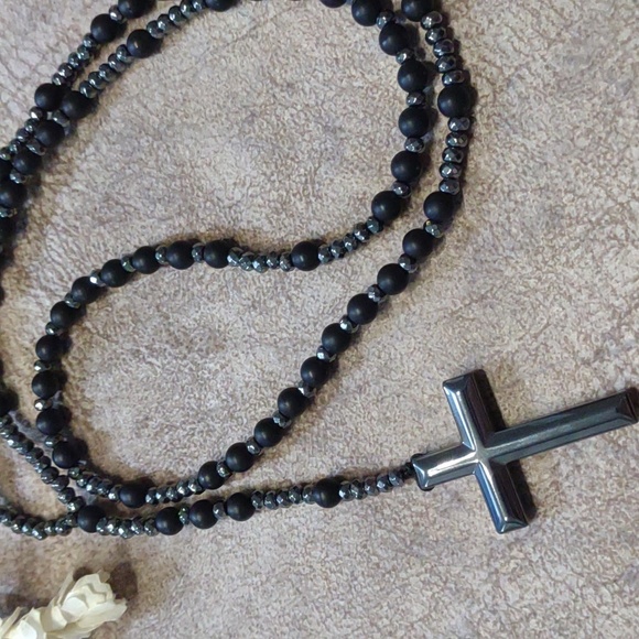 Beautiful Black and Pewter Beaded Rosary with Cross - Picture 6 of 6